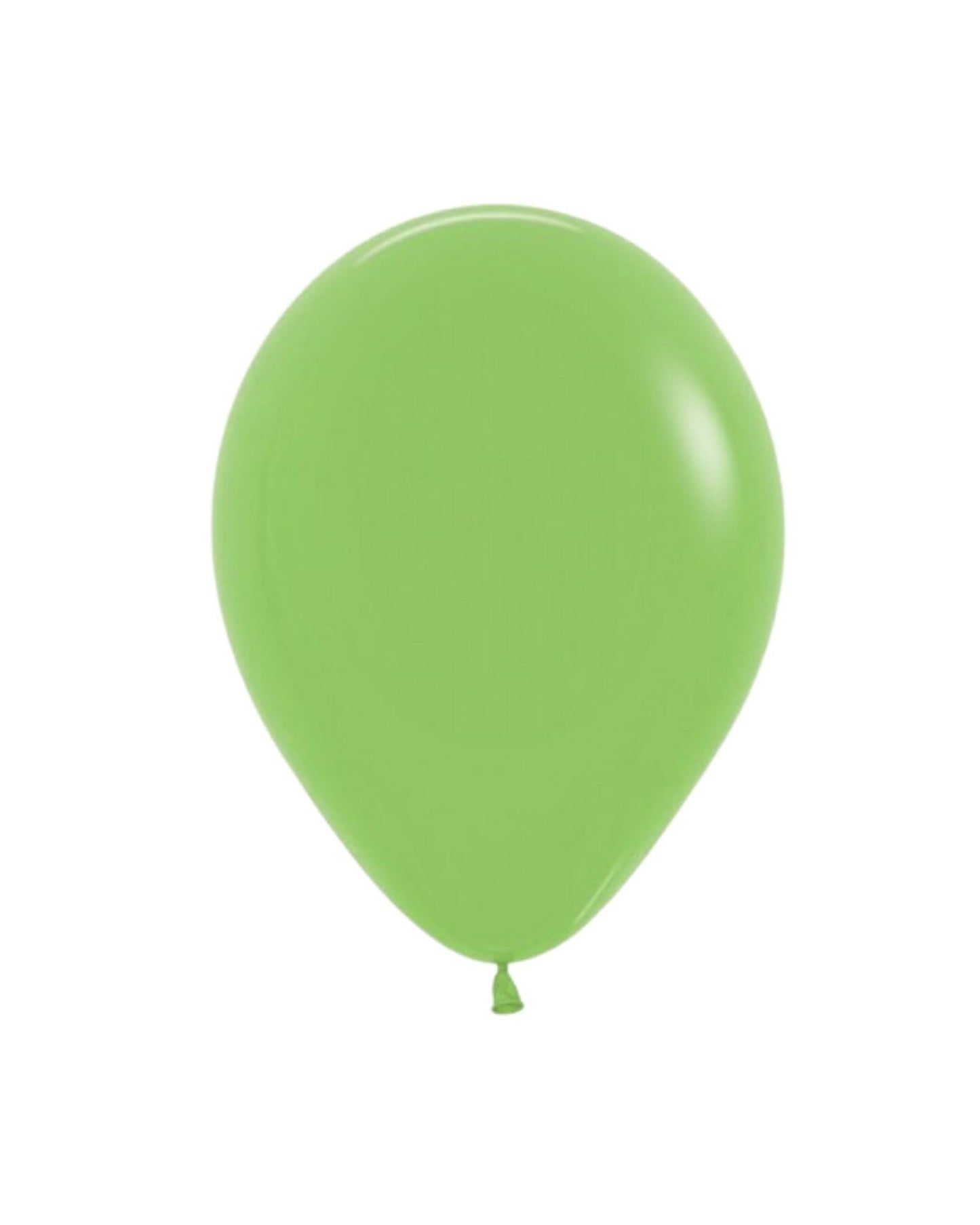 Bright lime green balloon with a smooth surface and a tied end, floating against a white background.