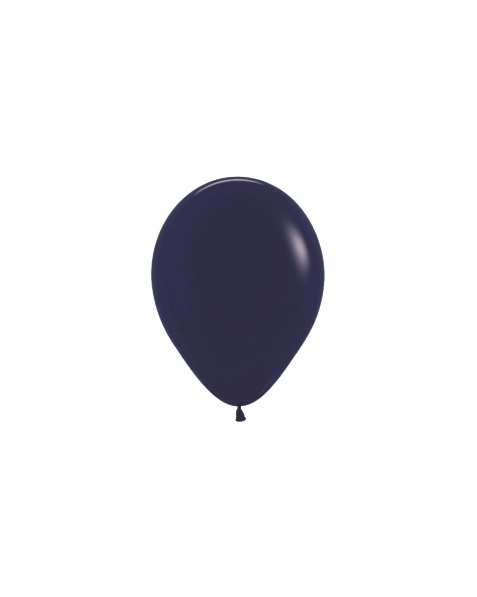 A glossy navy blue balloon with a rounded shape and a small knot at the bottom, set against a white background.