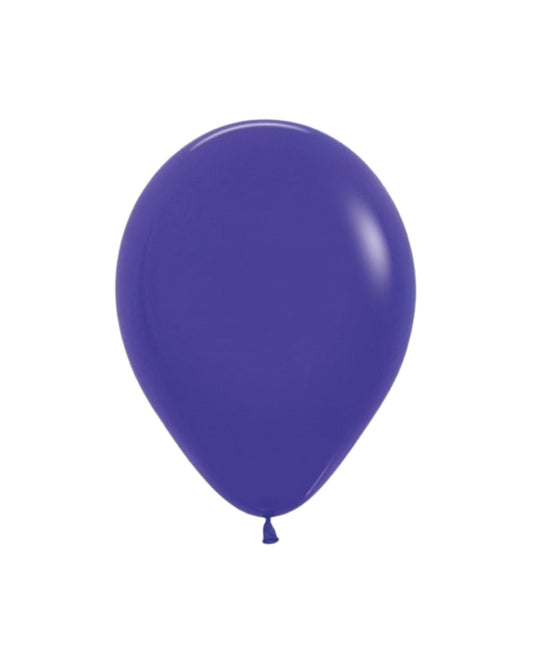 A shiny violet balloon with a smooth surface, featuring a tapered end and a subtle sheen.