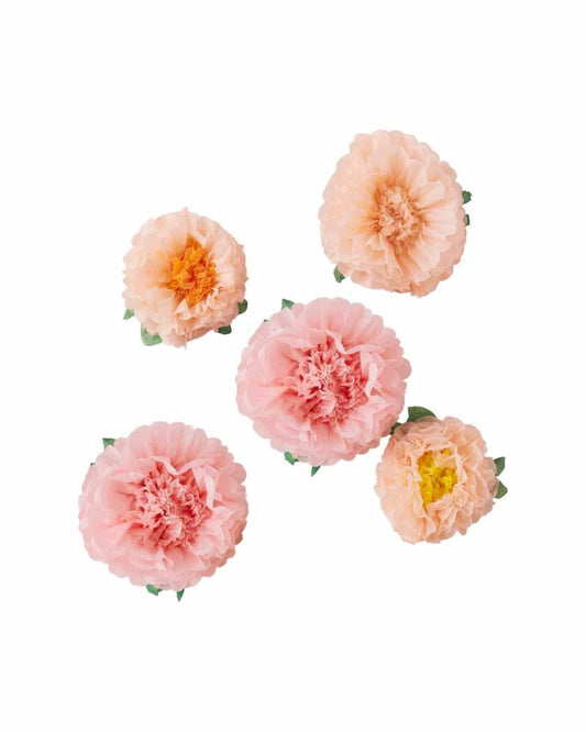 Five delicate pom-poms in shades of pink and peach, featuring intricate ruffled layers and green accents.