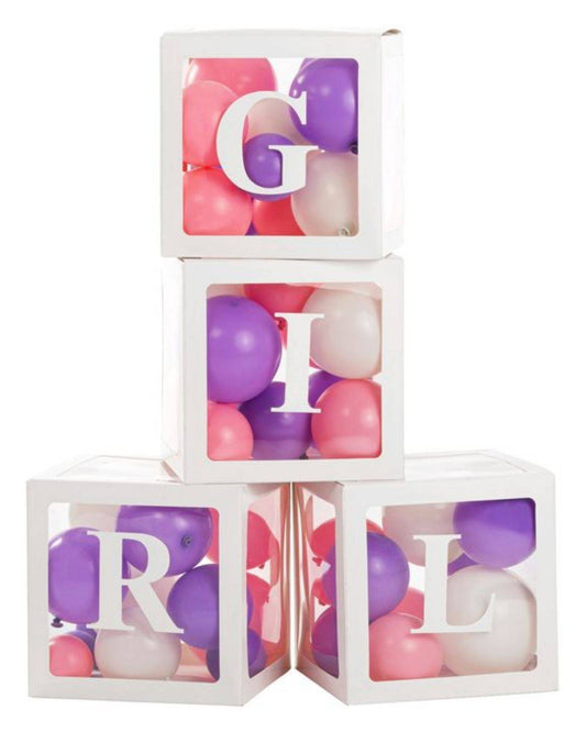 Four white boxes filled with pink, purple, and white balloons, displaying the letters G, I, R, and L.