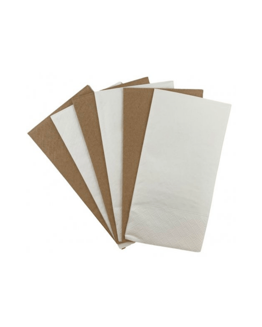 A stack of white and kraft napkins arranged neatly, showcasing a textured edge and a simple, natural color palette.