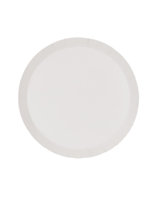 Round, white dinner plate with a smooth surface and slightly raised rim, ideal for serving various dishes.